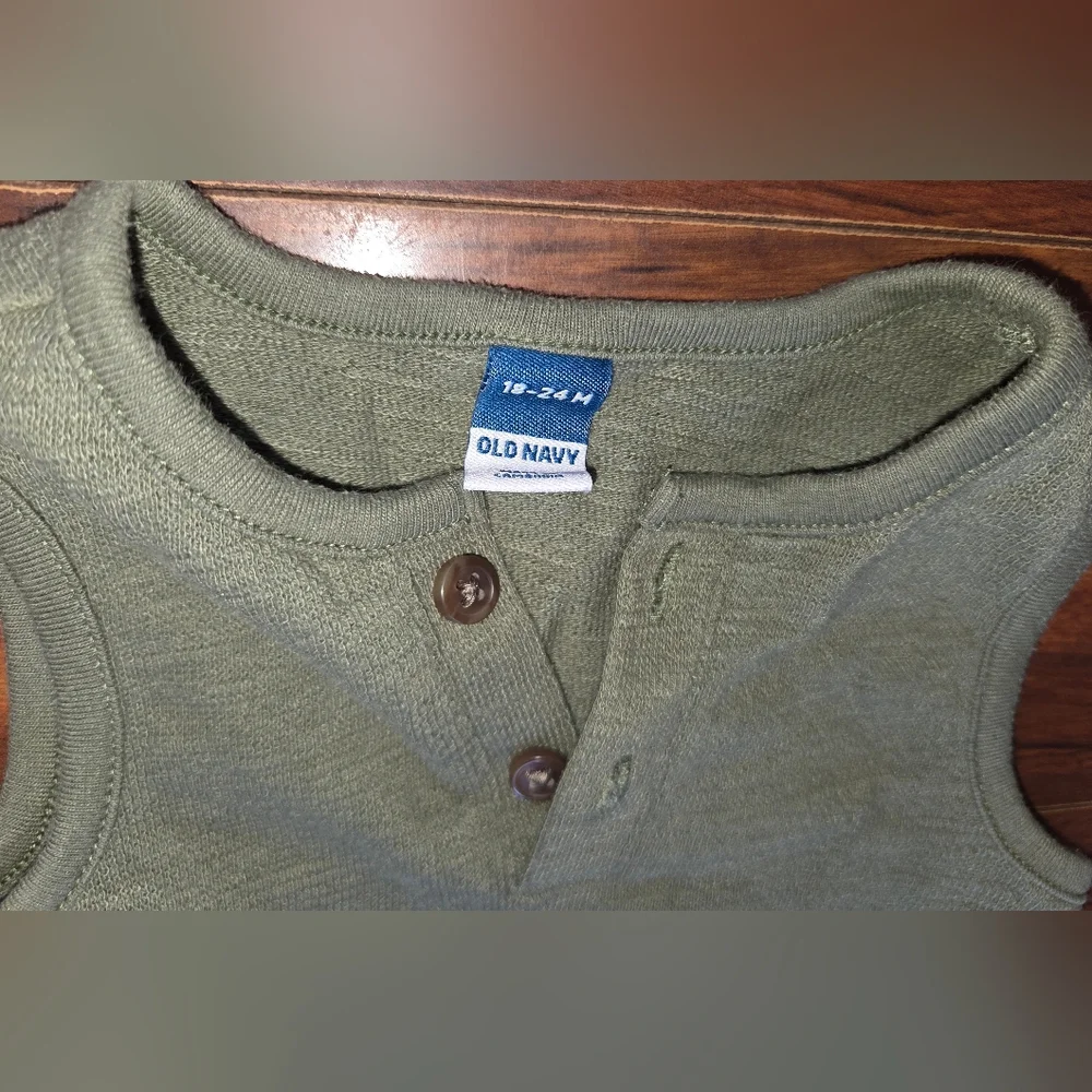 (2) Old Navy Olive Green & Brown Sleeveless Baby Henley Rompers Snap In Crotch